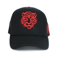 Close-up of a black trucker hat featuring red tiger head embroidery and mesh back - Red Tiger Head