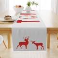 Linen Christmas table runner with red reindeer and JOY wreath print on wooden table - White Red Reindeer JOY Wreath (ZQ26-11)