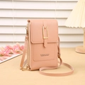 Crossbody phone bag for women in pink faux leather with stylish metal buckle and strap - Light Pink