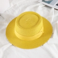 Flat top yellow straw sun hat with woven texture and matching ribbon bow decoration - M (56-58cm) / Yellow