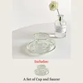 Elegant lily of the valley glass coffee cup and saucer set with green rim design - 200ml / Green Lily of the Valley