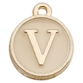 Golden round pendant with letter V engraving and cream enamel finish for DIY jewelry - Letter V / 1 Piece (12x14mm) / Champagne