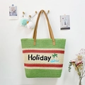 Bolso tote grande de paja a rayas con bordado Holiday y asas de cuero marrón - Verde Con Bordado
