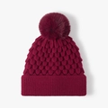 Gorro de punto de invierno color vino para mujer con pompón de pelo sintético - Burdeos
