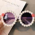 White round sunglasses with white pearls and pink rose flowers with purple lenses - No. 13 (Pearl Pink Rose)