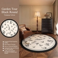 Round Farman velvet rug with black and white floral pattern and non-slip backing - Diameter 80cm / Garden Journey