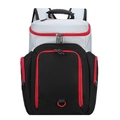 Front view of grey and black outdoor basketball backpack with striking red zippers - Black Grey Patchwork