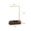 Detailed size chart showing dimensions of wood base and metal jewelry display stand - 7-Shape Gold With Groove