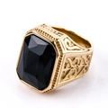 Gold stainless steel men's ring with large rectangular black gemstone and floral engraving - US 7 / Gold Black