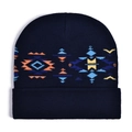 Detailed view of the dark blue knit beanie featuring colorful geometric tribal patterns - Navy Geometric