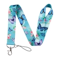 Sky blue butterfly and rose floral lanyard with silver metal lobster clasp and ring - Blue Butterfly Flower Lanyard