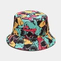 Reversible bucket hat with shark print in mint green, red, and yellow for sun protection - Colorful Patchwork Shark