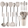 Set di 14 utensili da cucina in silicone beige con manici in acciaio e supporto - Set di utensili da cucina (scatola colorata) / Cachi