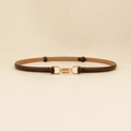 Slim dark brown leather belt for women featuring a minimalist gold-tone metal buckle - Interlocking Buckle (19248) / Brown