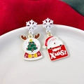Detailed view of asymmetric Christmas earrings with Santa and snowflake crystal ball designs - Snowflake Reindeer & Snowman