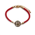Detail of red woven bracelet with golden tree of life charm and colorful crystals - Tree of Life / Red