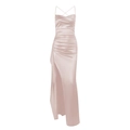 Pink satin slip dress featuring cross back design and high side slit detail - XS / Pink