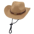 Detail of straw cowboy hat featuring metal feather ornament and adjustable wind cord - One Size / Khaki (Gold Feather Style)