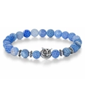 Blaues Achat-Perlenarmband mit antikem Silber-Eulenschutz und verzierten Zwischenperlen - Blau gestreiftes Achat-Armband