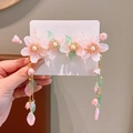 Pink hanfu hair clip with floral blossoms and golden tassels for girls' traditional style - Double Pink Flower Clips