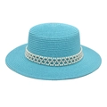 Flat top straw sun hat in light blue with elegant pearl band decoration for summer beach - M (56-58cm) / Lake Blue