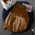 Unisex dark brown fleece hoodie featuring white heartbeat pattern and drawstring hood - S / Tops / Brown