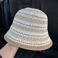 Detail of crochet knit bucket hat showing beige and khaki striped openwork texture - Camel