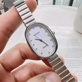 Women's quartz watch featuring oval mother of pearl dial and silver steel mesh band - Silver White Dial