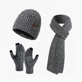 Winter set with mixed color knit hat, scarf, and touchscreen gloves in thick thermal fabric - Grey White Melange