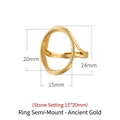Adjustable S925 silver oval ring base in matte gold finish for 15x20mm stones - 15x20mm / Antique Gold