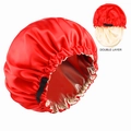 Red double-layer satin sleep cap with beige lining and adjustable elastic band - Red