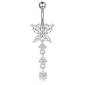 Silver butterfly navel piercing with sparkling clear zircon stones and three beads drop - Silver Butterfly