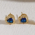 Elegant 14K gold plated heart stud earrings featuring blue zircon and white crystal halo - Royal Blue