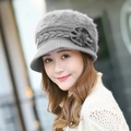 Elegant gray winter rabbit fur knit cloche hat for women with floral detail - One Size / Gray (Mink Flower Style)