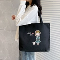 Black canvas tote bag with cartoon girl and cat illustration for women and students - Black Milk Tea Girl