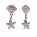 Pendientes colgantes de estrella de mar y concha de mar en acero inoxidable color plata - Pendientes de Botón de Patchwork de Vieira y Estrella de Mar - Color Acero