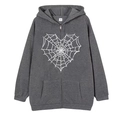 Dark grey zip-up hoodie featuring a heart spider web graphic in a minimalist flat lay - Dark Grey (Spider Web Heart)