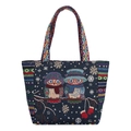 Ethnic blue woven tote bag with winter owl embroidery and geometric strap - Warm Winter Owl