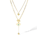 Gold-tone layered necklace with heart pendant, evil eye charm and sleek OT clasp - Double Layered Evil Eye Heart Necklace / Gold