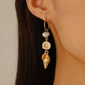Golden ocean shell pearl drop earrings featuring starfish and conch elements for women - Matte Gold Pearl Conch Hoop Drop Earrings (11317)