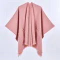 Women's knit poncho cape with front pockets and tassel fringe trim in dusty rose - Single Color with Pocket and Frayed Edge / Pink