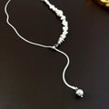 Detail of silver snake chain with irregular metal beads and a white pearl pendant - Silver Irregular Crushed Silver Necklace (13#)