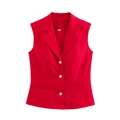 Détail du gilet blazer rouge sans manches avec boutons blancs et étiquette taille S - S / Hauts / Gilet