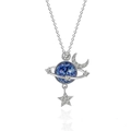 Collana pianeta in argento con sfera celeste blu e ciondoli a forma di luna e stella - Solo Collana (Include Catena in Acciaio Inossidabile)
