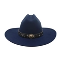 Navy blue wide brim wool fedora with a gold lion head buckle and patterned hatband - Navy Blue
