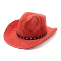 Cappello da cowboy rosso intrecciato a tesa larga con borchie argentate per protezione solare - M (56-58cm) / Rosso
