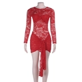 Detail of red lace mini dress featuring intricate cutout patterns and knot decorations - S / Red