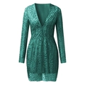 Dark green deep V-neck long sleeve mini dress with sparkling gold sequins on invisible model - S / Green