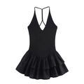 Elegant black halter v-neck ballet dress with ruffled skirt and cross back straps - S / Black