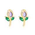 Golden tulip earrings featuring purple flower gems and green leaf accents - Earrings-Purple